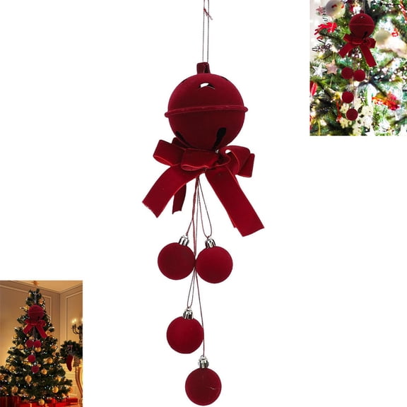 Wine Red Bell Bowknot Christmas Decor Flocked Ornament Hanging Pendant, Red Hanging Decor for Holiday Decor Indoor Christmas Tree Home Wall Holiday Decoration
