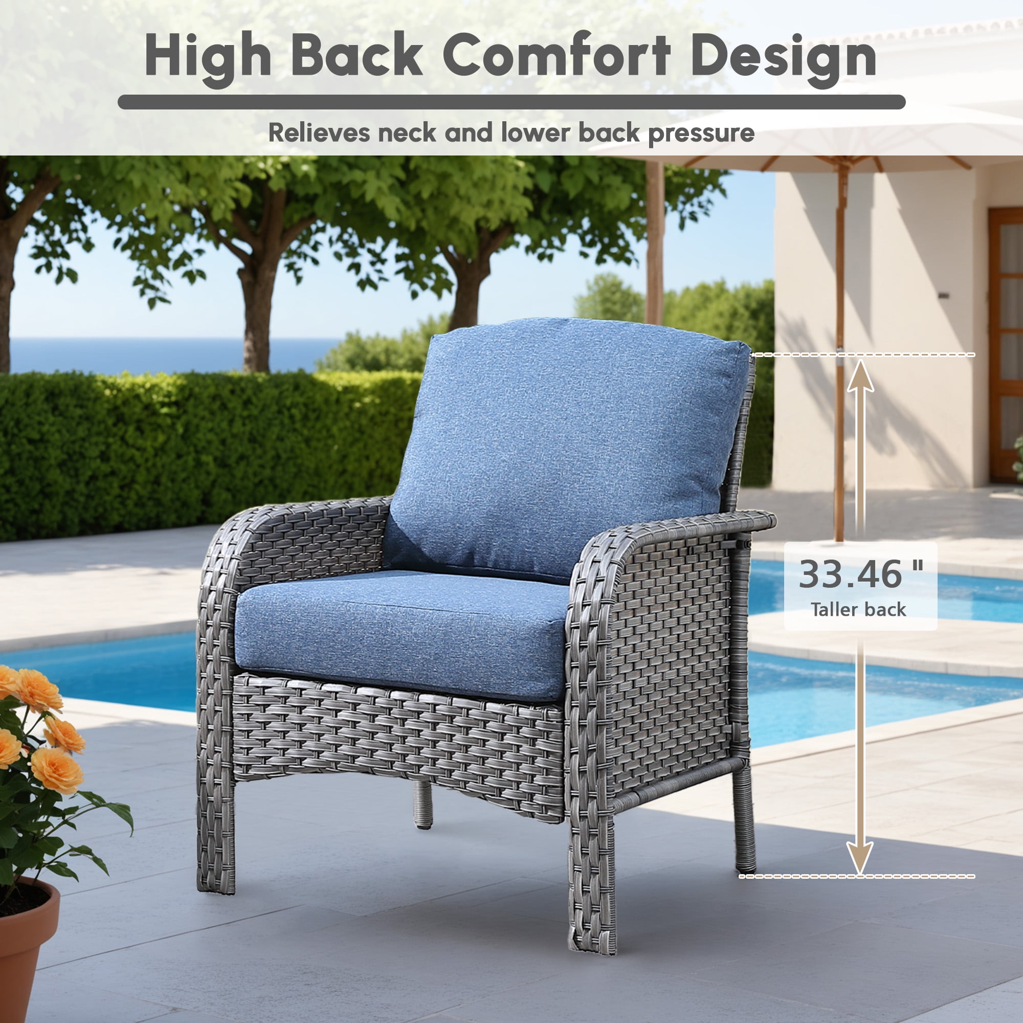 Ovios Patio Chairs Set of 2 All-Weather Wicker Patio Furniture Chairs Set Rattan High-Back Outdoor Armchairs with Cushions, Denim Blue