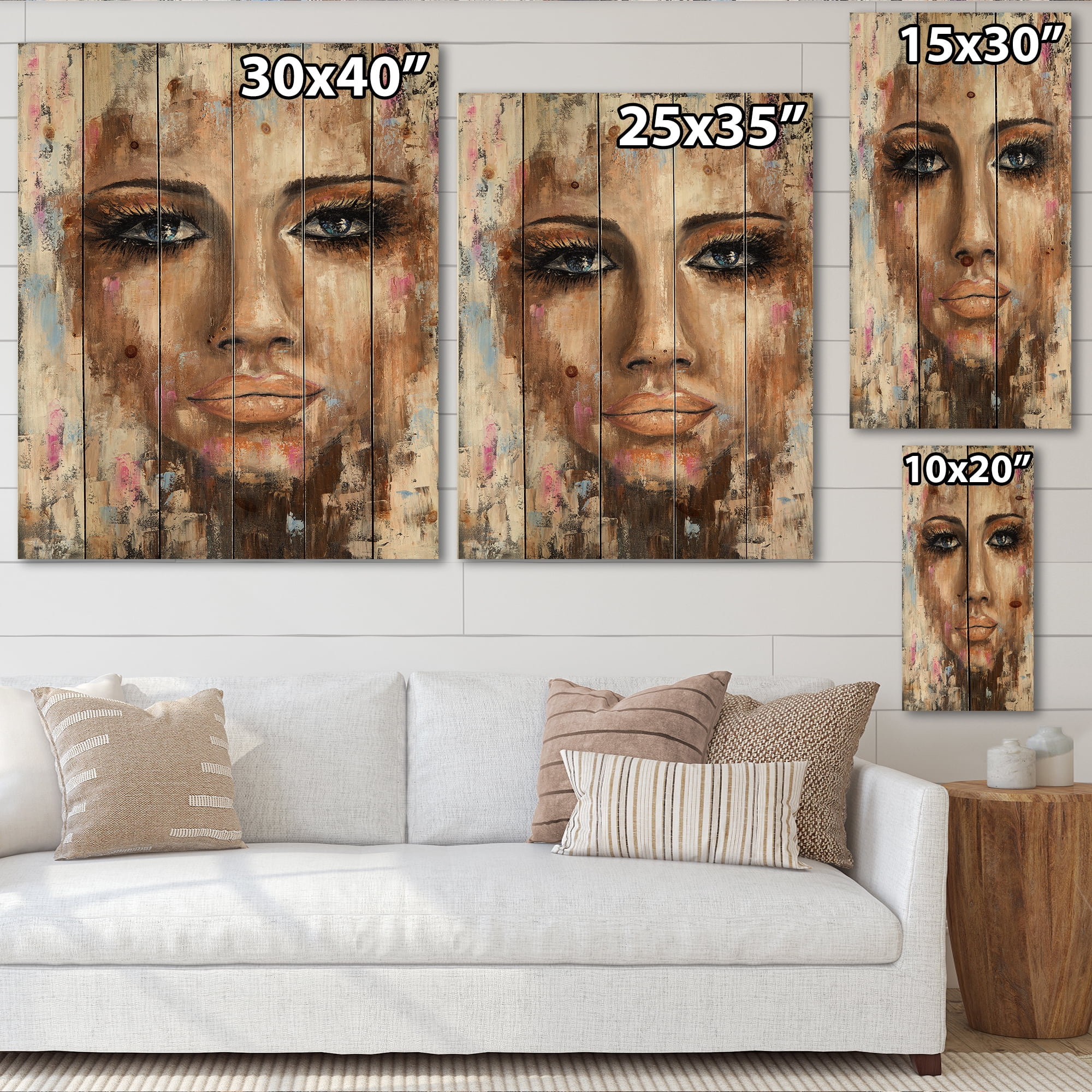 Designart 'Abstract Portrait Of A Young Woman With Blue Eyes I' Modern Print on Natural Pine Wood