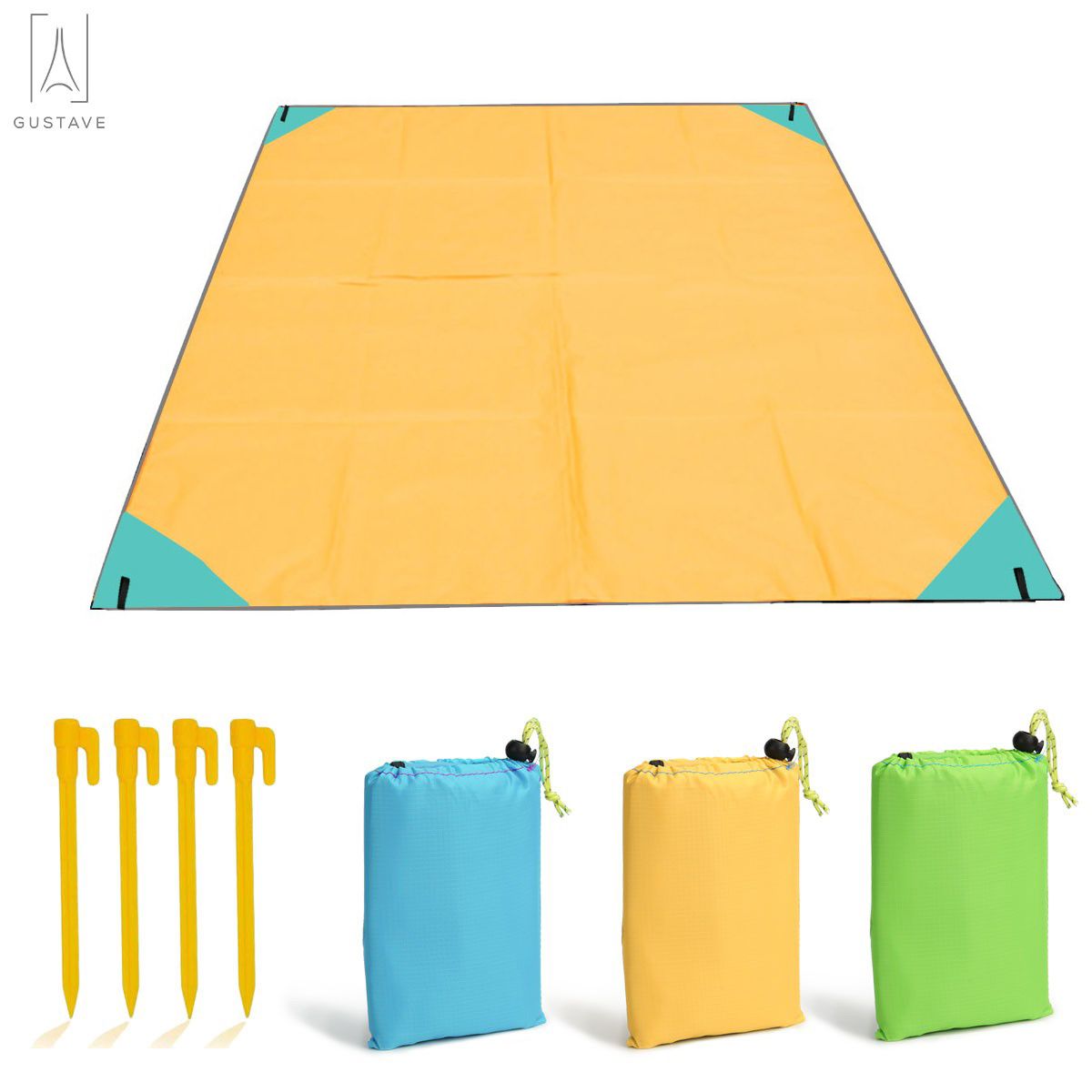 Gustave Beach Blanket Picnic Mat Camping Ground Mat Mattress Outdoor Blanket Waterproof Sandproof Beach Mat Portable Picnic Blanket with 4 Stakes & Carry Bag "Yellow" - image 1 of 9