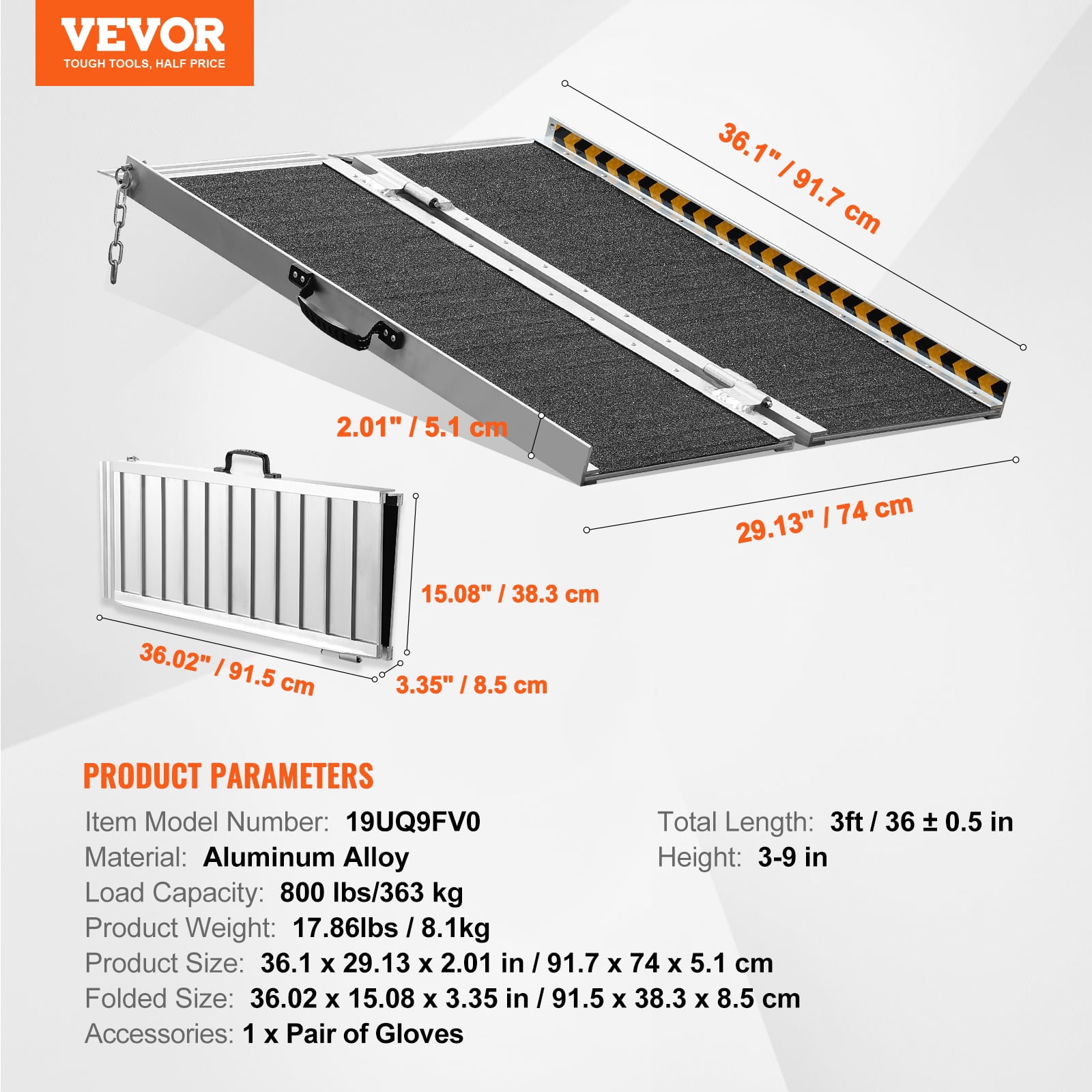 KFFKFF Folding Wheelchair Ramp, Portable Aluminum Threshold Ramp, Measuring 3 feet in Length and Capable of Supporting Up to 800 pounds