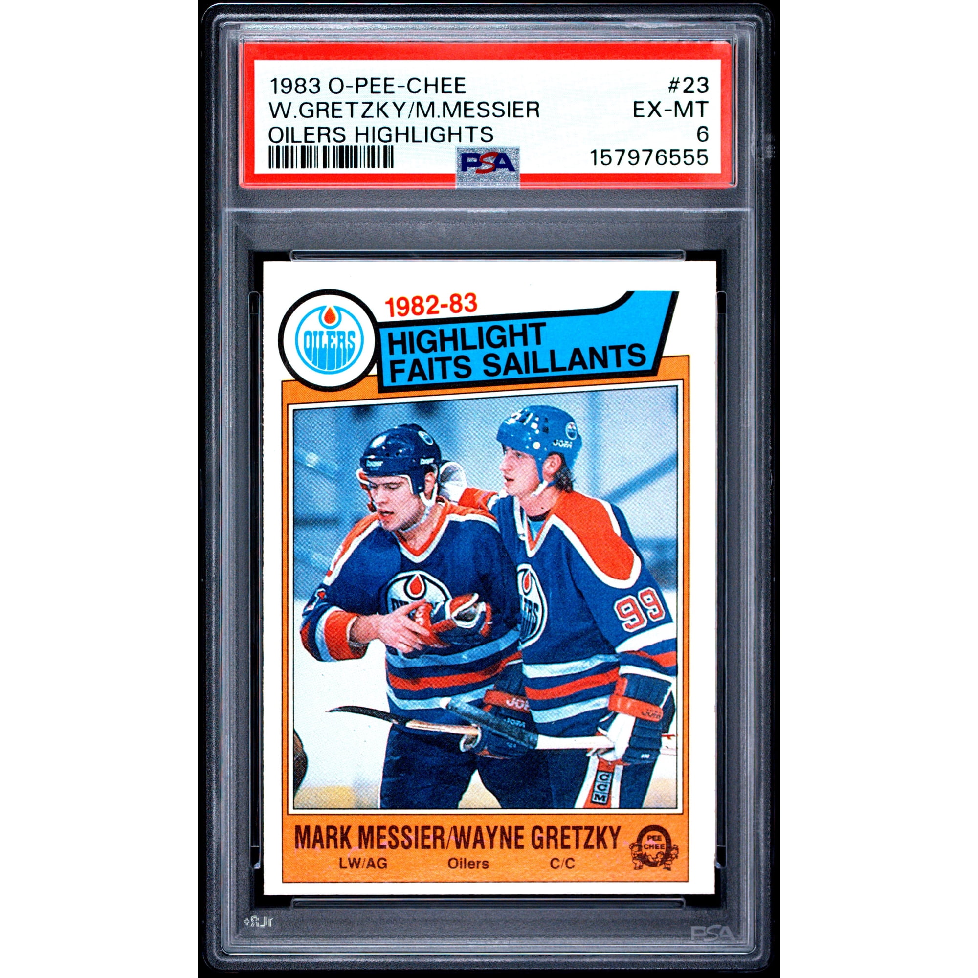 Wayne Gretzky Mark Messier 1983 O-Pee-Chee Highlights Edmonton Oilers Hockey Card #23 Graded PSA 6 Cert #157976555