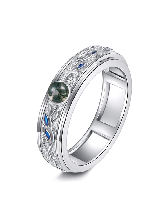 S925 Sterling Silver Moonstone Fidget Rings for Anxiety for Women Tree of Life Rings (moss agate, 6.5)