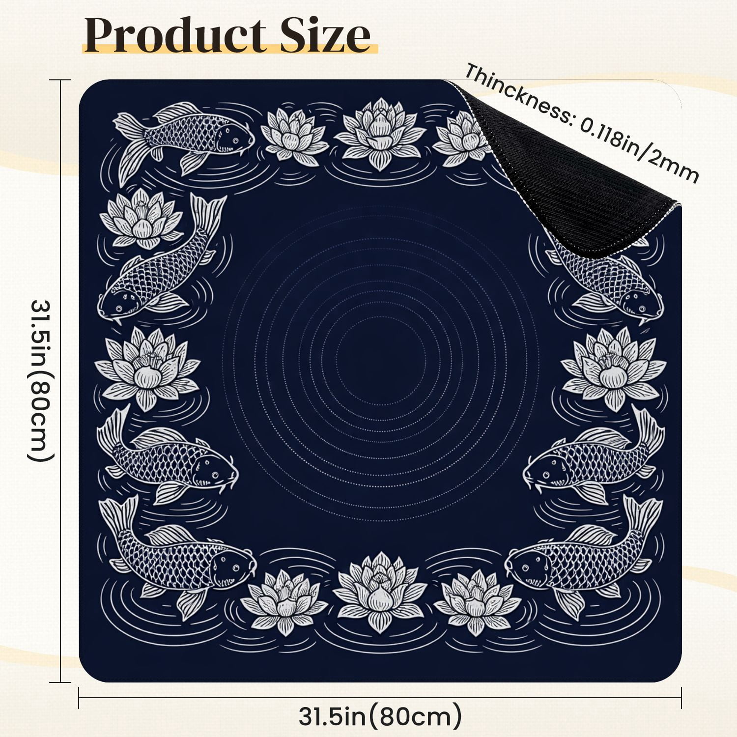 Mahjong Mat 31.5" x 31.5" Elegant Koi Fish Water Lily Circular Dark Blue Non-Slip Noise Reduction Mahjong Tiles Table Cover for Dominoes Poker Card Board and Tile Games