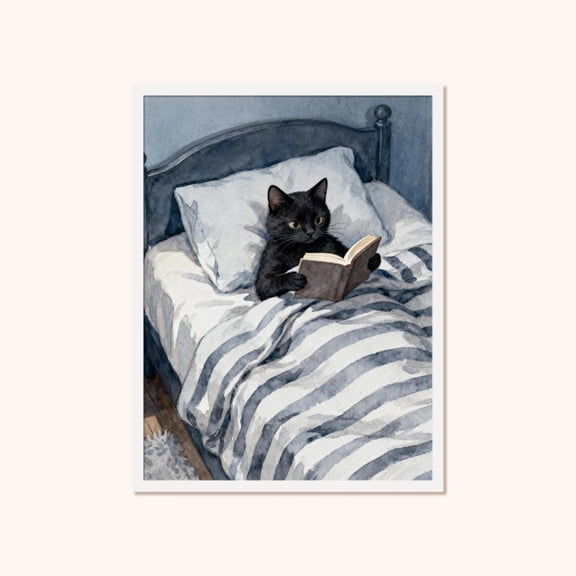 Black Cat Reading Wall Art, Cozy Bedtime Poster, Unframed Poster Size 8x12