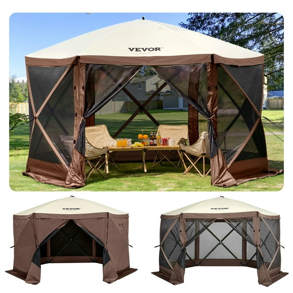 VEVOR Gazebo Screen Tent, 12 x 12 ft, 6 Sided Pop-up Camping Canopy Shelter Tent with Mesh Windows, Portable Carry Bag, Ground Stakes, Large Shade Tents for Outdoor Camping, Lawn and Backyard