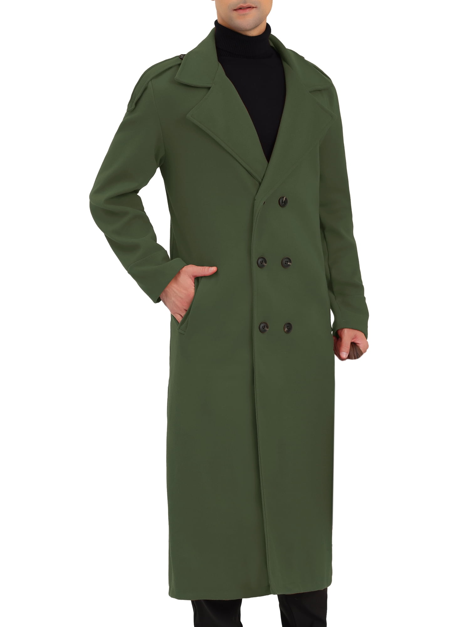 Unique Bargains Men's Pea Coat Notch Lapel Double Breasted Solid Color Overcoat M Olive Green