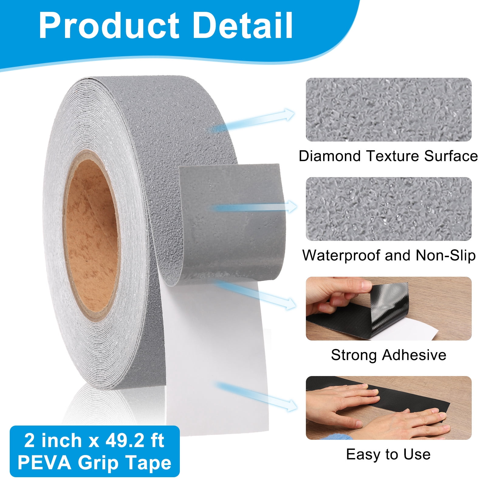 Rubber Grip Tape, 2" x 49.2 Ft Non-Slip Tape Broken Stone Textured Adhesive Grip Tape for Outdoor/Indoor Steps (Grey)