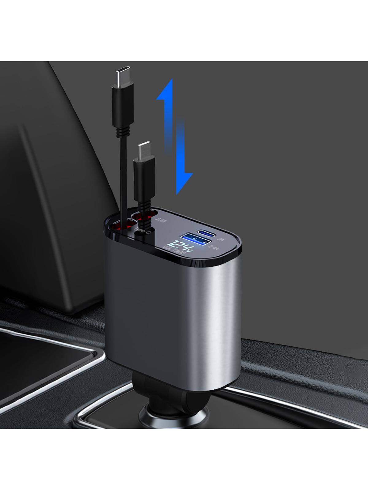 TypeC Universal Car Charger 2 USB C Ports Car Charger Adapter Retractable Cable Efficient Charging for Your Devices
