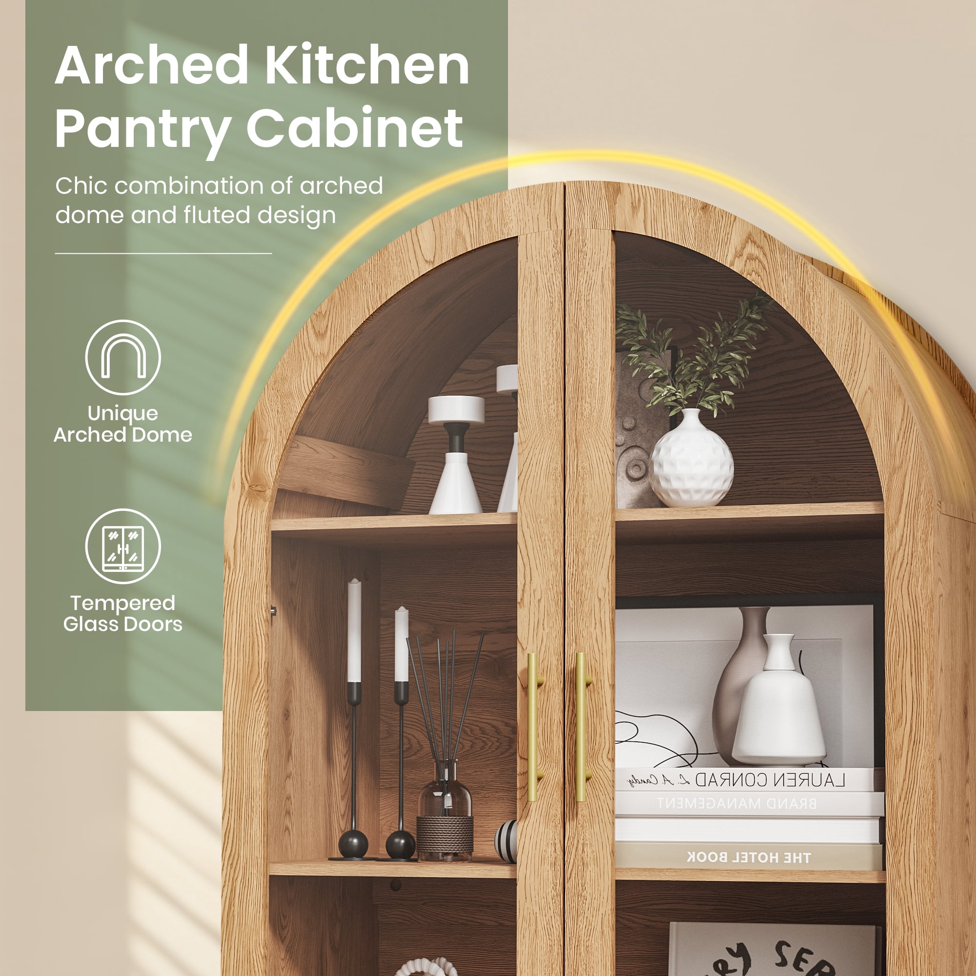 PamapicLife 71" Tall Arched Bookshelf, Farmhouse Display Cabinet with Adjustable Shelves & Glass Door
