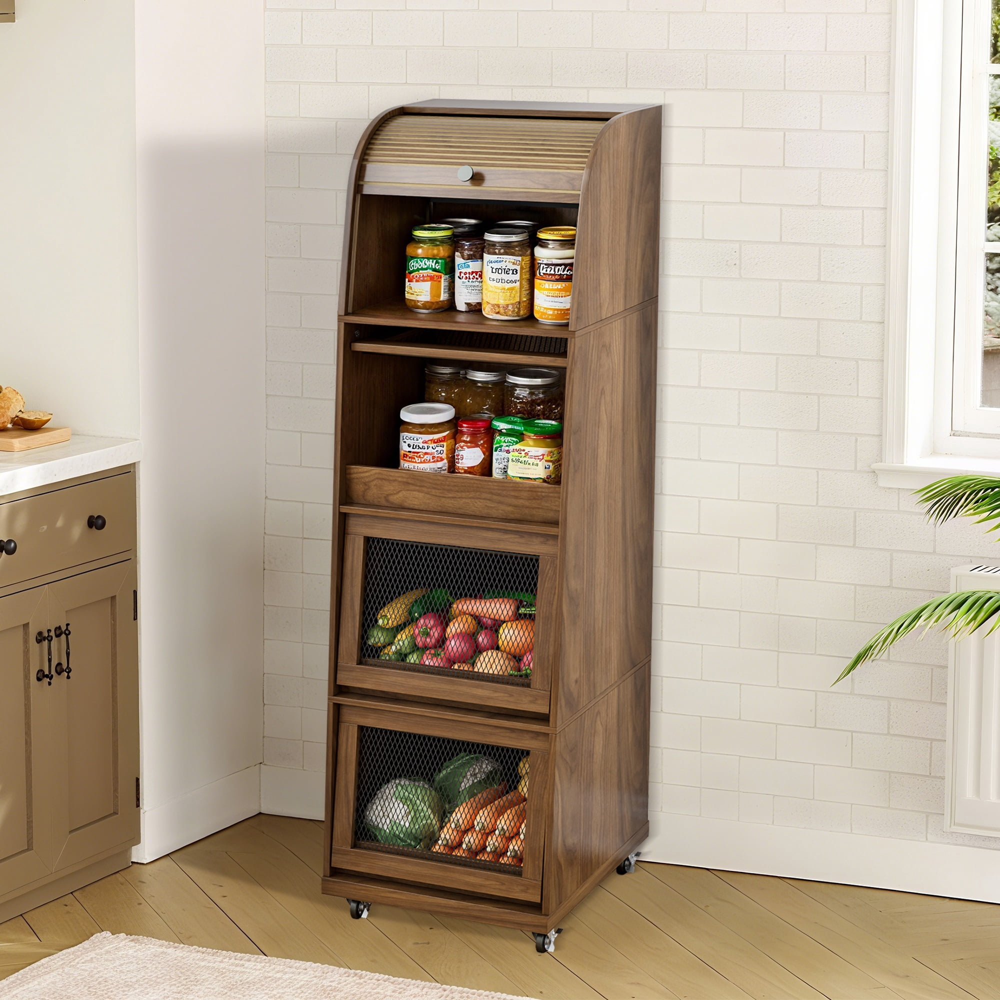 Onion and Potato Storage Bin Box, Movable Potato Bins with Sliding Door, Farmhouse Kitchen Pantry Cabinet