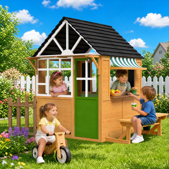 BUPPLEE Outdoor Playhouse, Country Style Wooden Playhouse for Toddlers, Large Kids Play Game House with Fence Bench