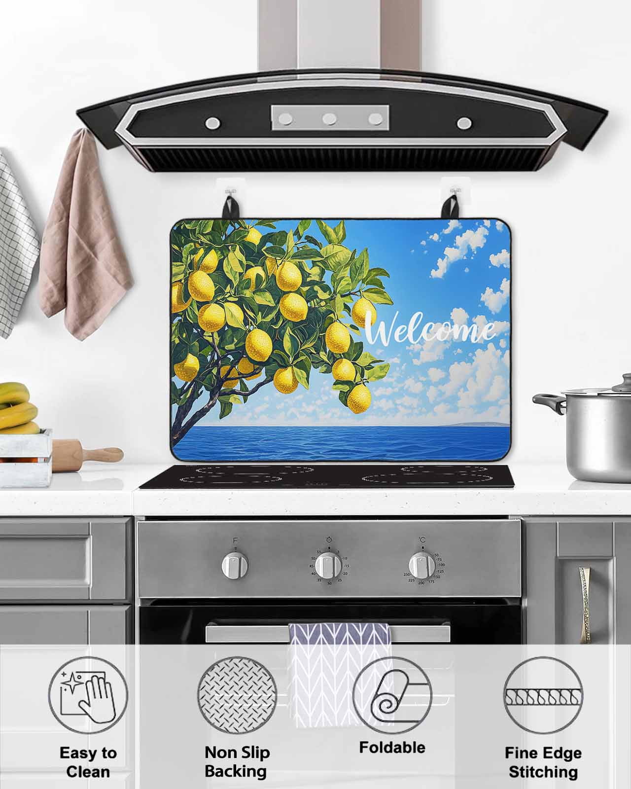 nqOlkjepod Large Induction Cooktop Protector Mat 36"x21", Coastal Lemon Stove Top Covers for Electric Stove, Summer Ocean Sea Yellow Fruits Leaf Tree Stove Burner Cover Mats, Glass Top Stove Cover