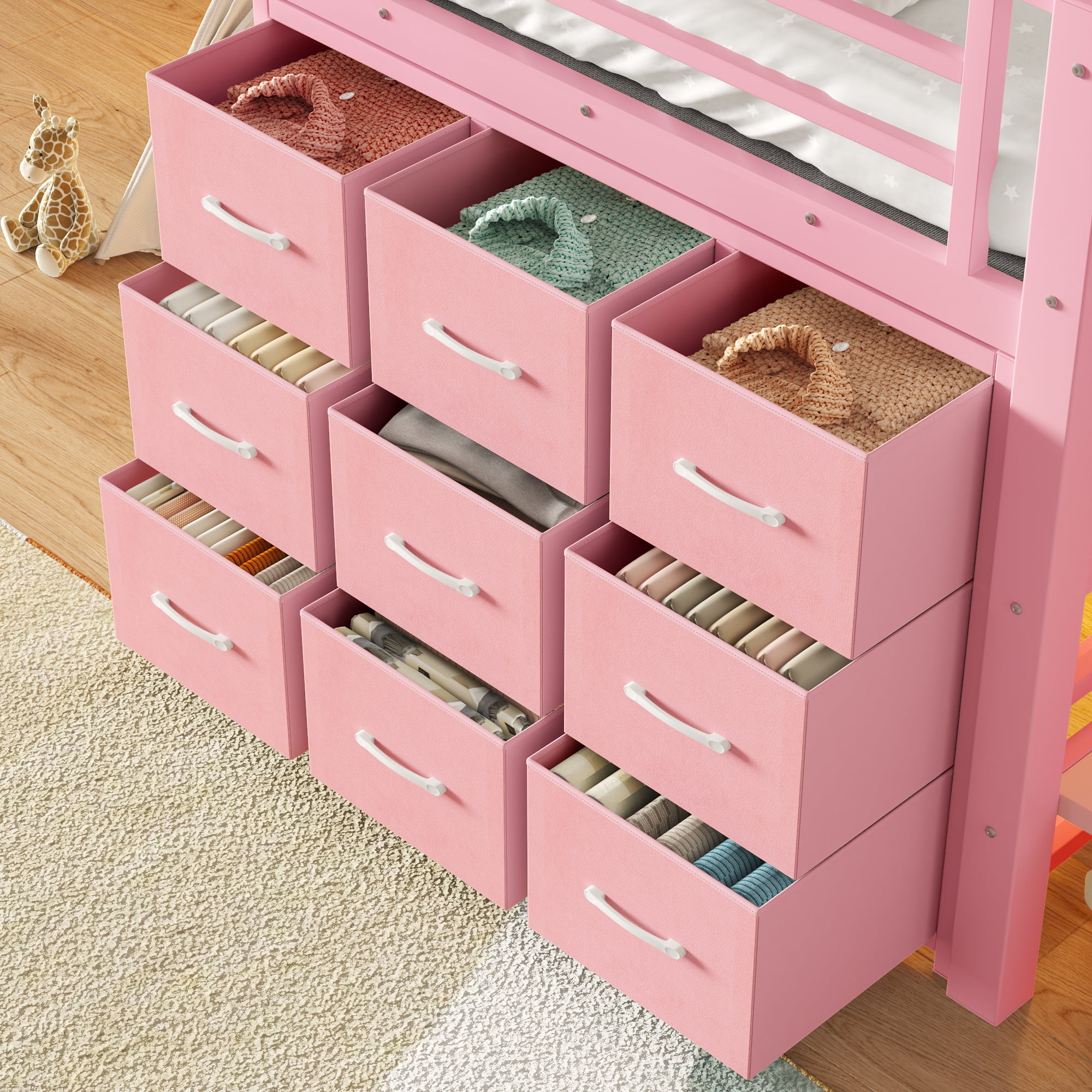 Leumius Twin Size Loft Bed with Storage Drawers and Stairs,Metal Loft Bed with Lights and Ample Under-bed Spaces,Multi-Storage Spaces,Pink
