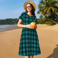 thumbnail image 4 of Fotbe Teal On Black Plaid Pattern Dress Casual Womens Fashion Short Sleeve Maxi Dress T Shirt Dress Striped Long Color Block Maxi Dress, 4 of 6