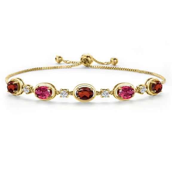 Gem Stone King 18K Yellow Gold Plated Silver Red Garnet and Pink Tourmaline Bracelet for Women | 4.31 Cttw | Gemstone January Birthstone | Oval 7X5MM | Fully Adjustable 9 inch