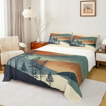 jejeloiu Modern Art Full Size Sheets,Abstract Mountain Bed Sheets,Teal Orange Beige Sheet Sets For Adults,Breathable Home Decor,4 Pieces