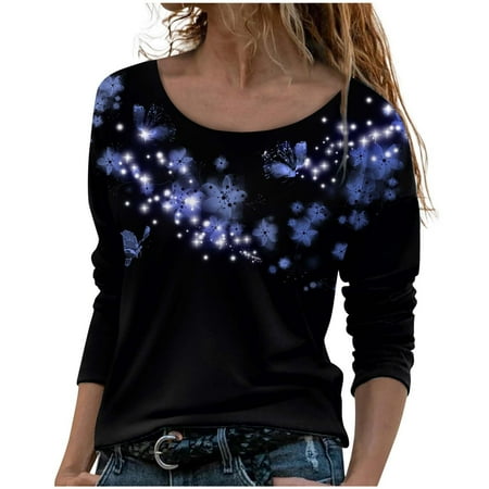 

Yourumao Women Clearance Tops Crew Neck Camisole for Juniors Summer Fall Long Sleeve Butterfly Cherry Floral Print Slim Tunic Blouses Bustier Teen Girls 2023 Clothing Fashion