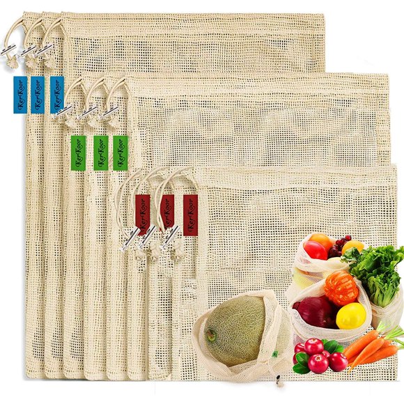 Sacs de Courses en Maille de Coton Réutilisables Lavables Écologiques Premium Transparents Légers Sans Filet pour Légumes Fruits Épicerie (9 Paquets)