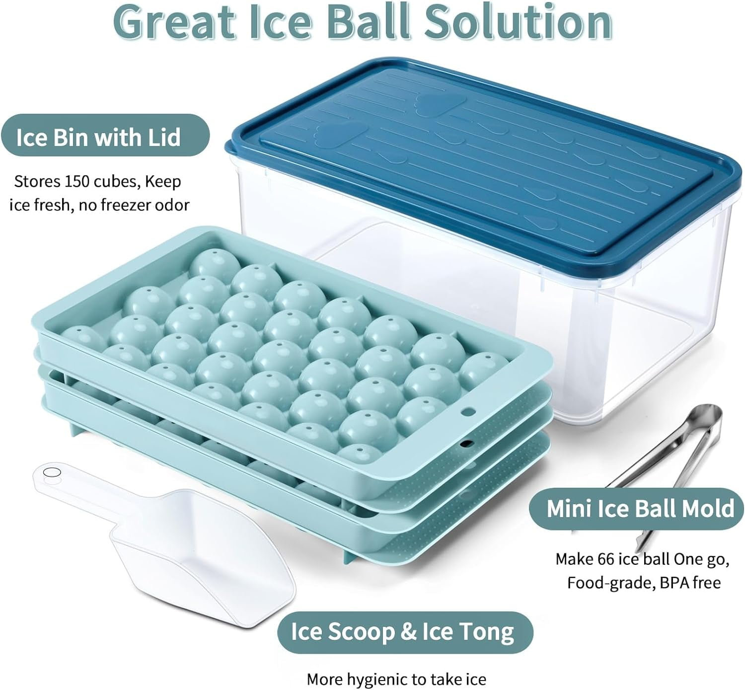 Round Ice Cube Trays 4 Pack for Freezer with Bin, Upgrade Easy Release Small Ice Ball Maker Mold, Freezer Ice Container with Lid, 1.2IN*132PCS Mini Sphere ice Mold, Ice Bucket and Tong,Bpa Free