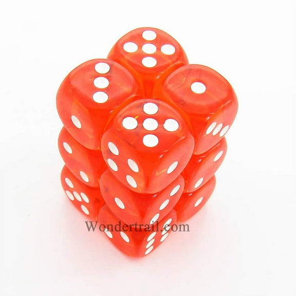 Orange Translucent Dice with White Pips D6 Aprox 16mm (5/8in) Pack of 12