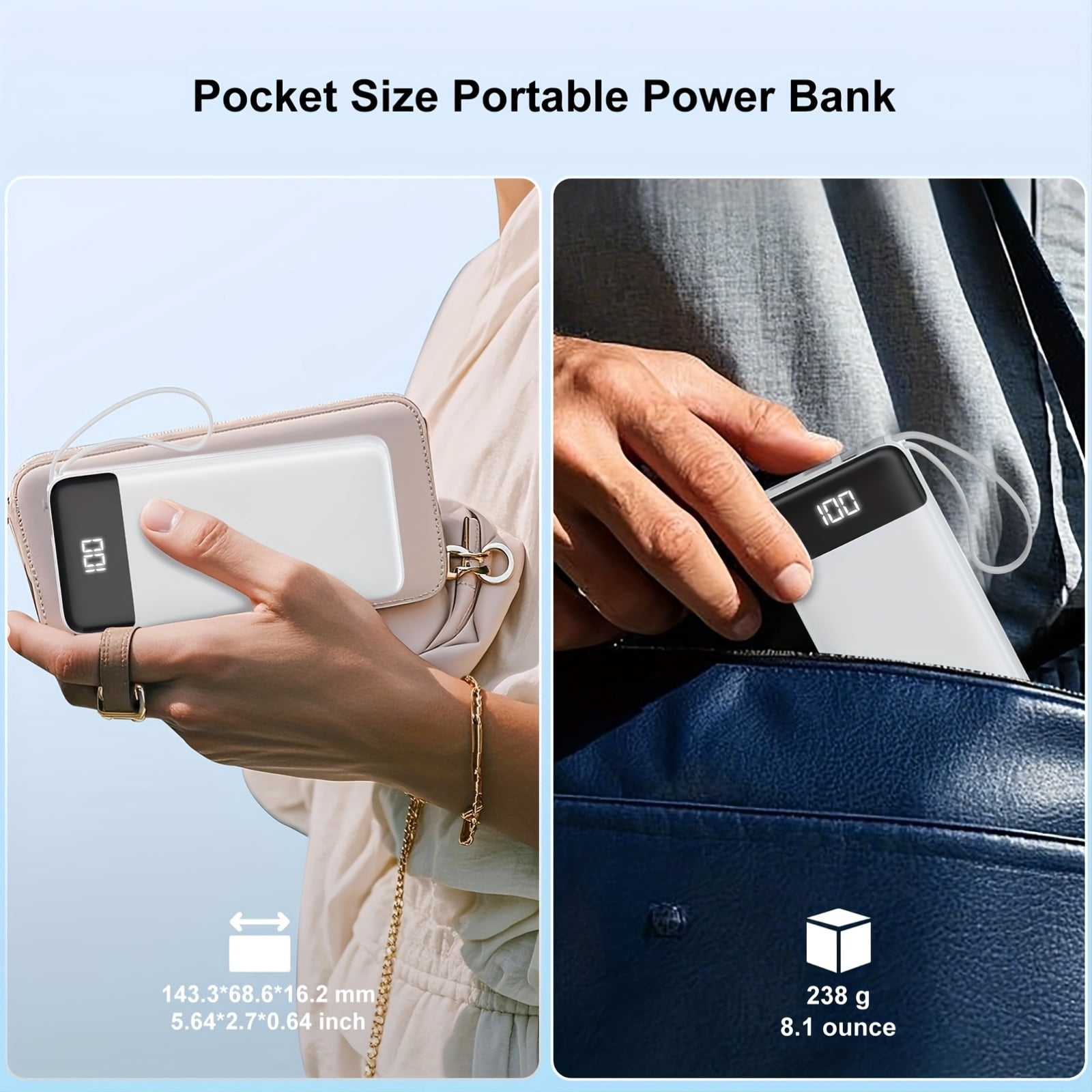 [Fast Charging | Portable] 20000mAh 20W Fast Charging Power Bank | Portable Charger with Built-in Cables | USB C Battery Pack for All Phones, Tablets
