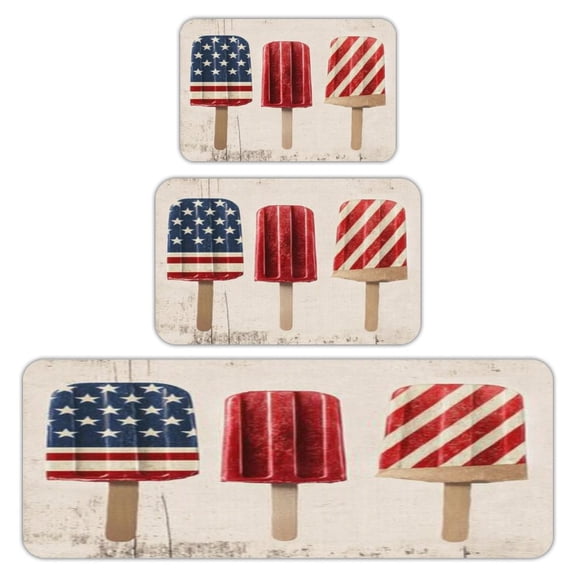 RKSupls Kitchen Rug Set 3 Piece Anti-Slip Flannel Floor Mats, Patriotic Popsicles Summer Washable Absorbent Runner Mats for Kitchen Bathroom Home Decor