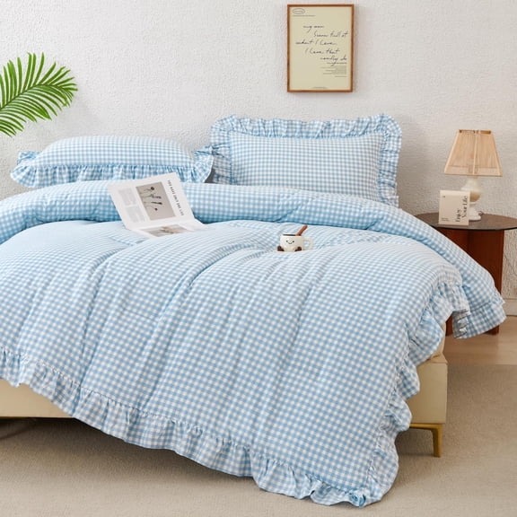 Ruffle Gingham Comforter Set Blue Bed Set