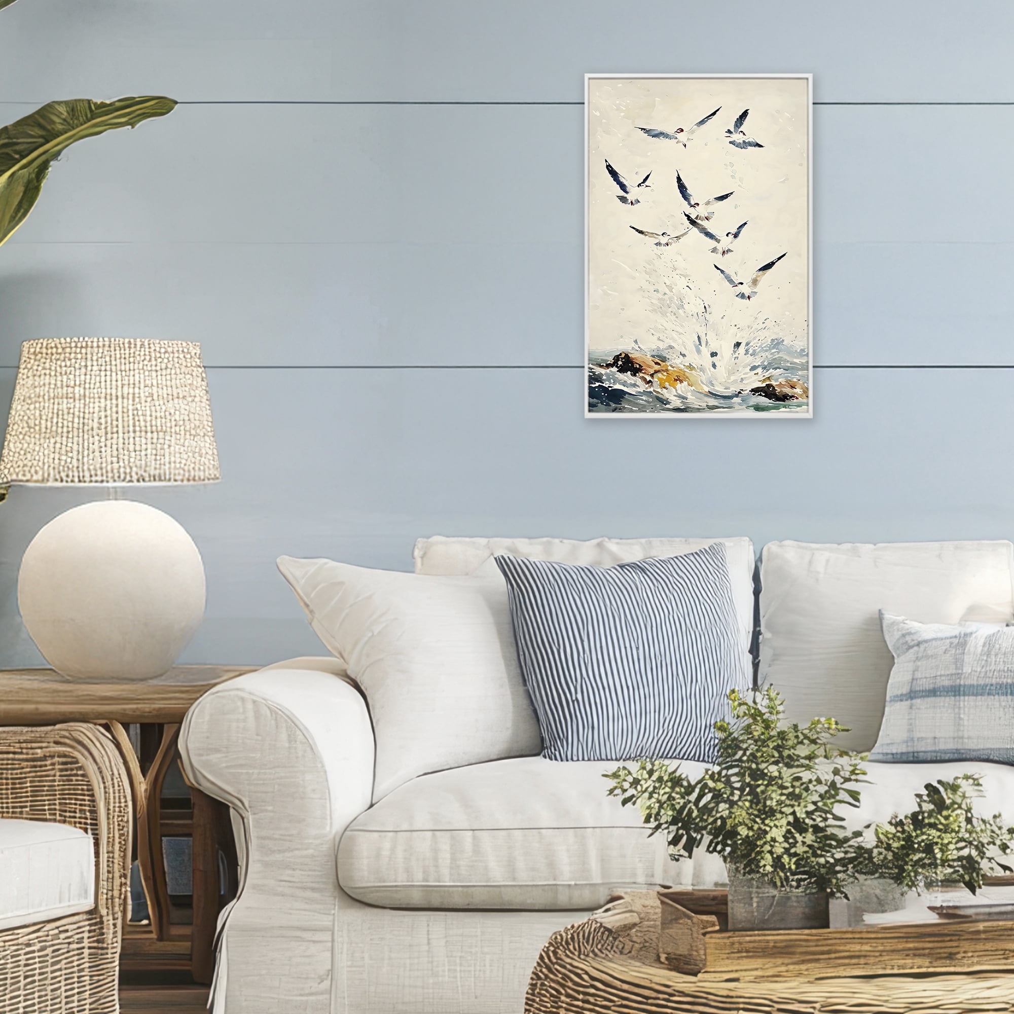 Stupell Industries Waves of Seagulls over Rocks White Framed Giclee Art, design by Creative Studio