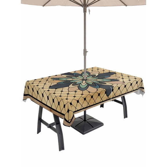 Outdoor Tablecloth with Umbrella Hole for Patio/Picnic/Party/Camping, Vintage Geometric Waterproof Table Cloth Rectangle Table Cover Washable, Green Brown Abstract Plaid Checkered (54"x 80")