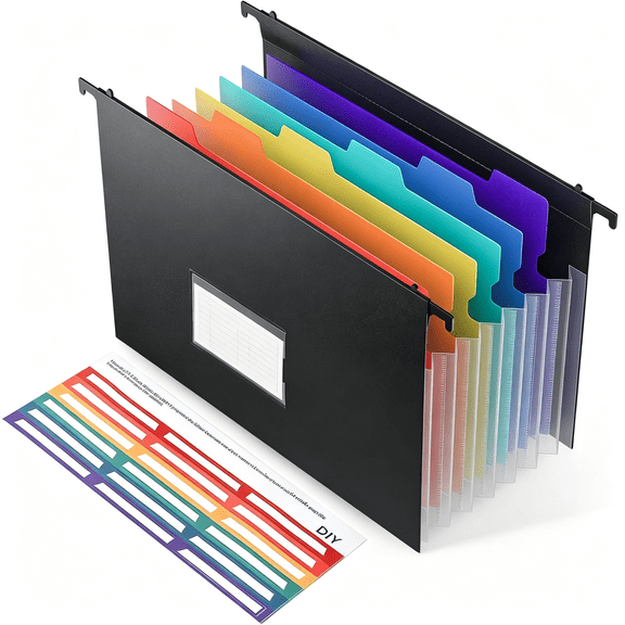 CCOCC Expanding Hanging File Folders,Plastic Filing Cabinet Organizer 7 Pockets 1.2" Accordion Drawer Organizer Insert Filing Folders Dividers with Colorful Tabs,Letter Size 1 Pack