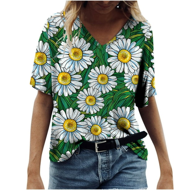 Camiseta informal para mujer con estampado floral y cuello en V, manga corta, jersey, blusa, tops Fridja bn6018