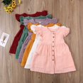 thumbnail image 1 of Été Bambin Bébé Filles Vol Manches Col Rond Solides Boutons de Couleur Poches Robe, 1 of 5