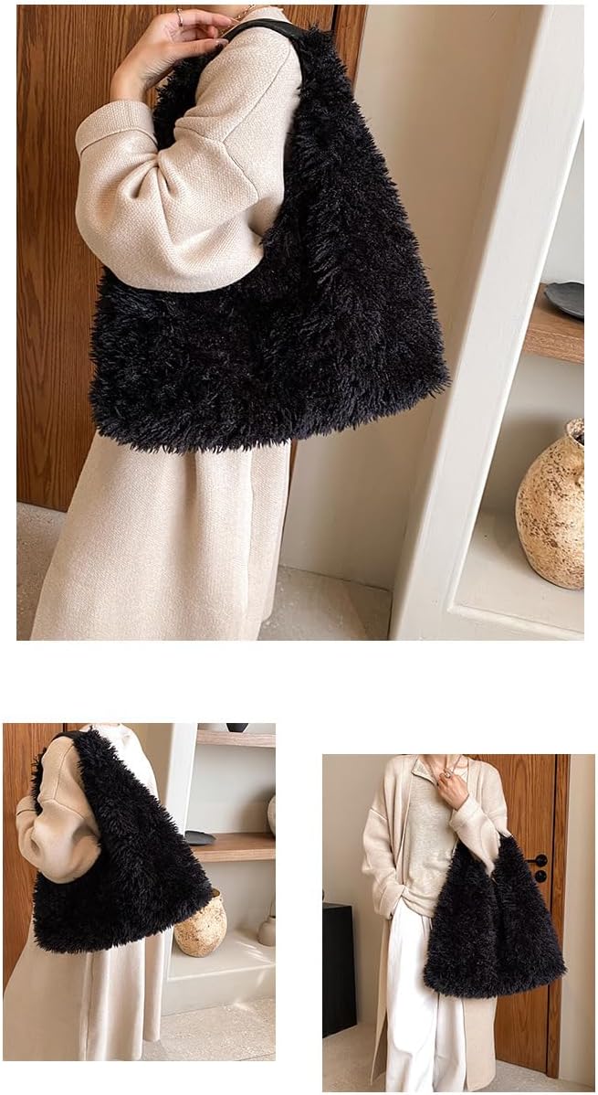 Faux Fur Hobo Shoulder Bag Furry Handbag Purse for Women Winter Y2k Fuzzy Plush Shoulder Tote Bag for Work Shopping