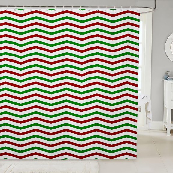 Christmas Shower Curtain Red And Green Chevron Striped Fabric Bath Curtain for Bathroom Waterproof 71x71 inches
