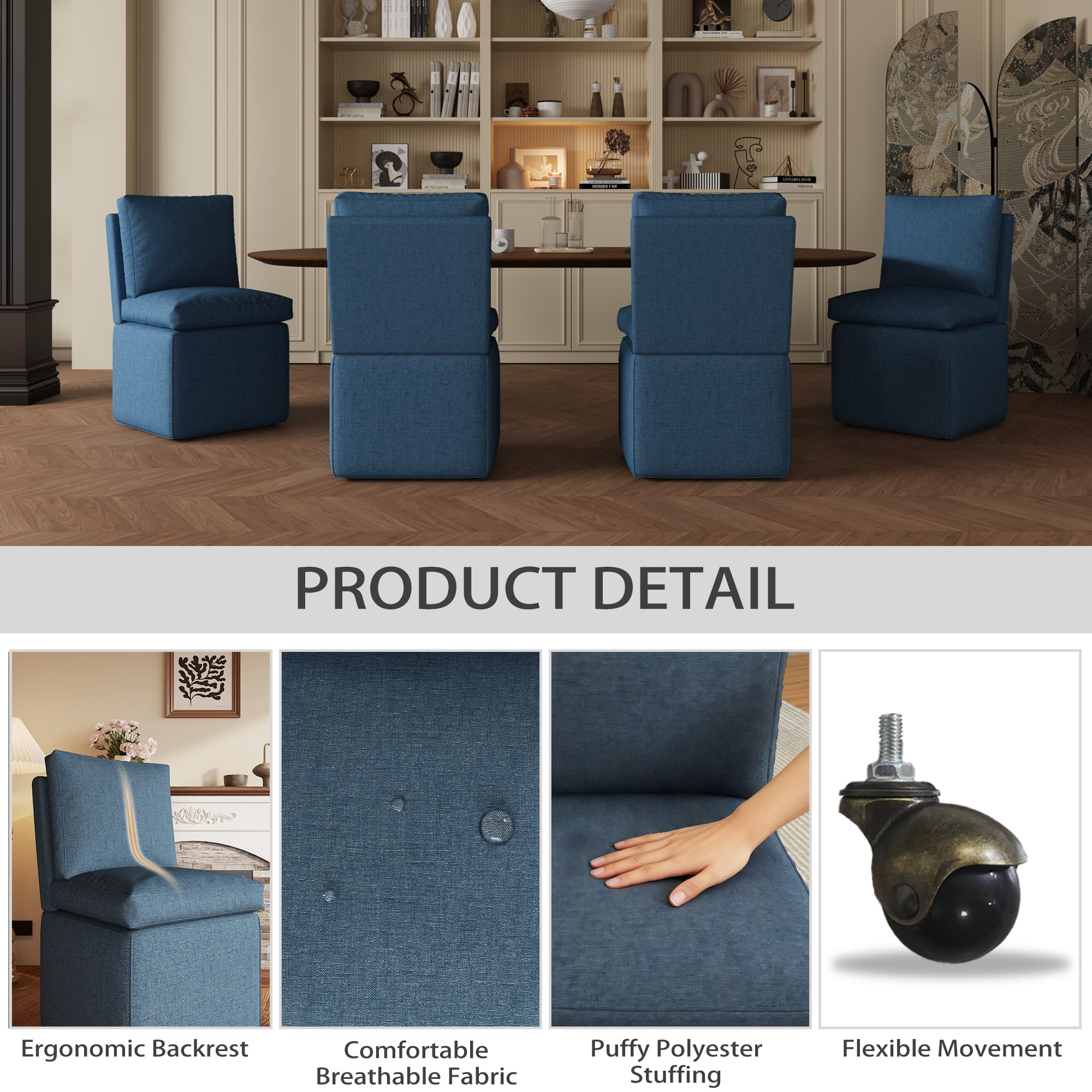 Upholstered Dining Chairs, Modern Linen Dining Chairs with Casters for Kitchen, Bedroom, Living Room, Reading Room, Blue