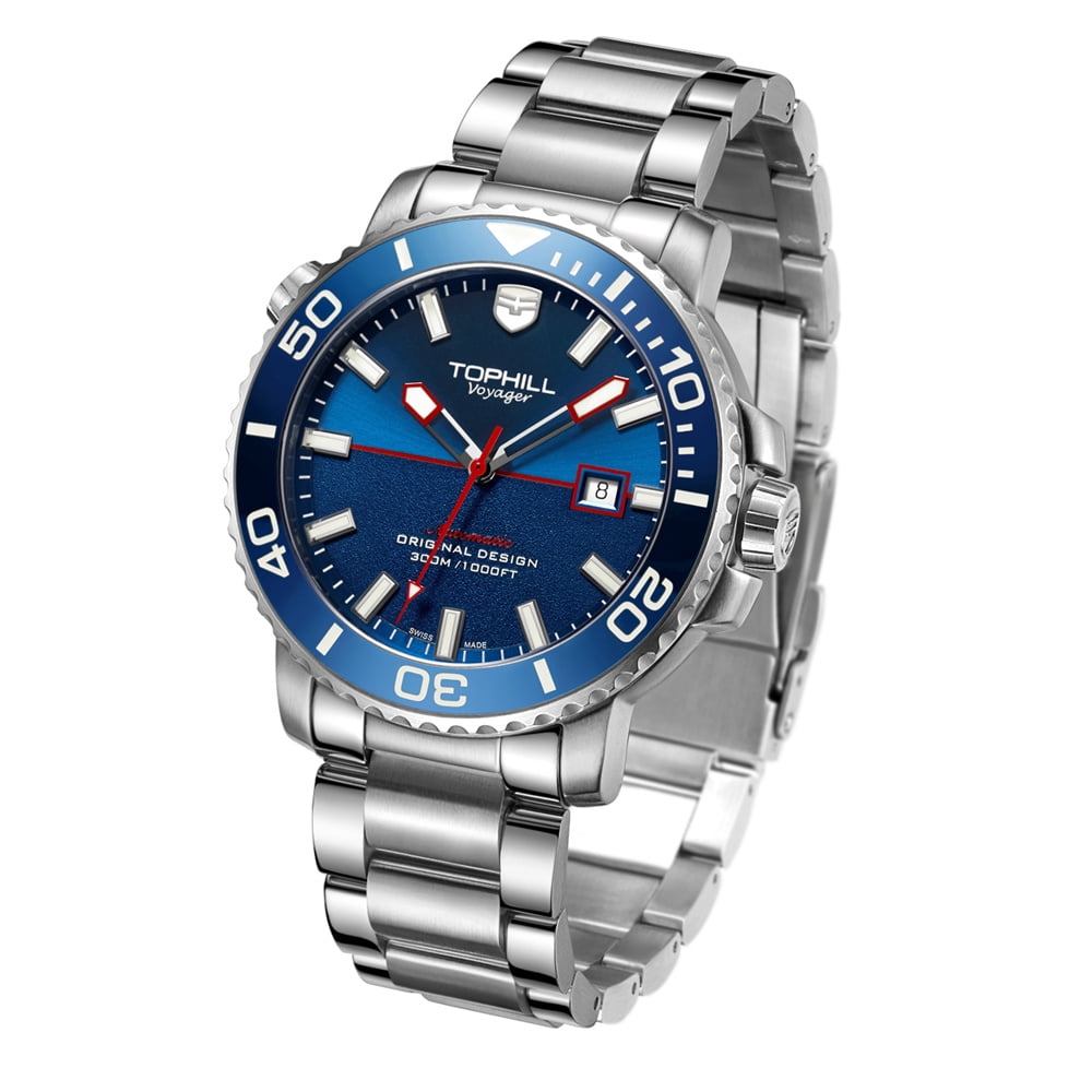 TOPHILL Men Calendar Vintage Swiss Analog Automatic Self-Winding Mechanical Movement Wrist Watch Steel Leather Band Sapphire Crystal Waterproof Luminous Business Clock