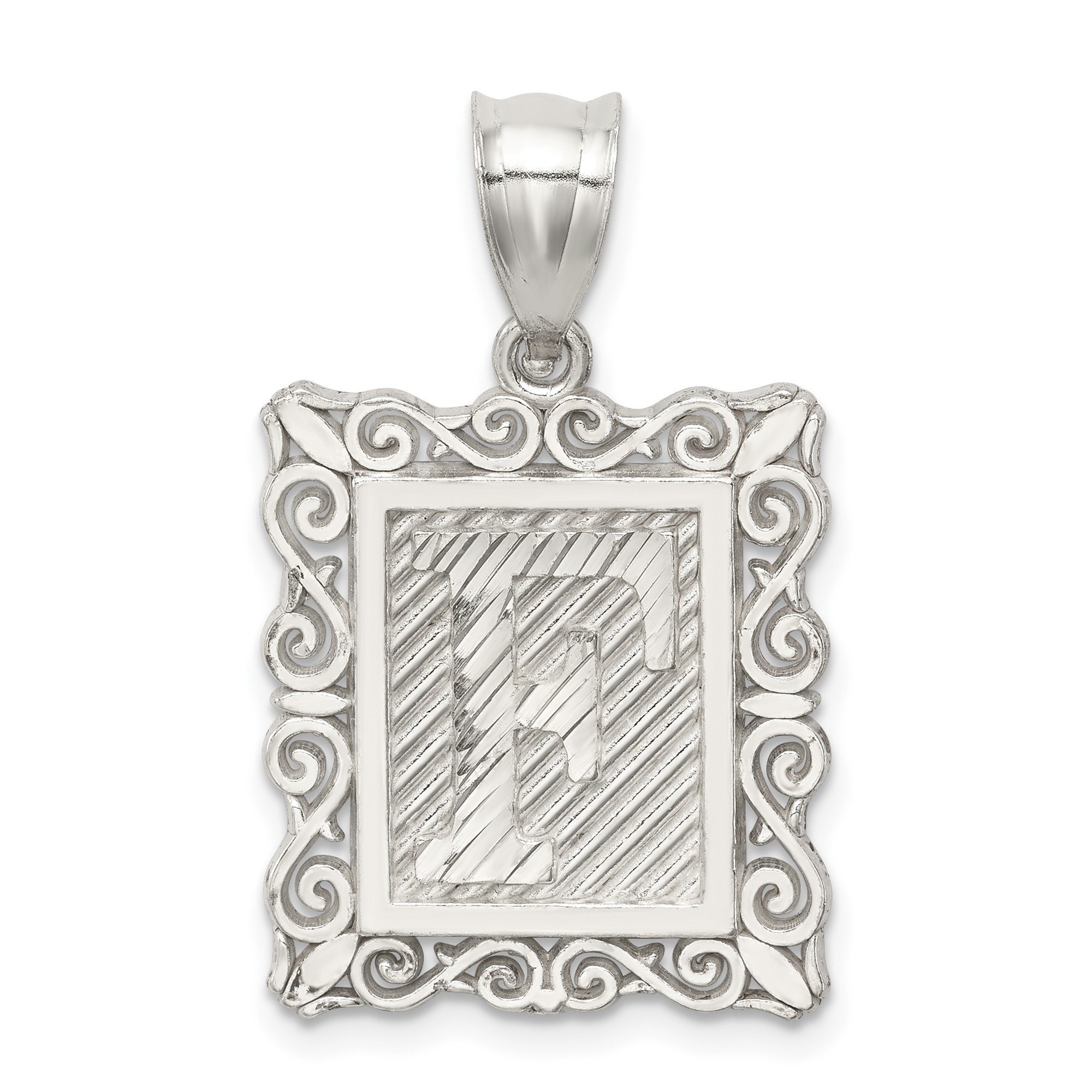 Sterling Silver Initial F Pendant Necklace with Textured Monogram Design, Scrollwork Border, Unisex Alphabet Jewelry for Women, Symbolic Name Letter Charm