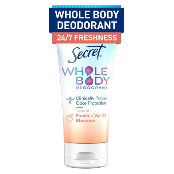 Secret Crema Desodorante Corporal Integral para Mujeres, Aroma A Melocotón y Flor de Vainilla, Desodorante Libre de Aluminio, 72 Hr. Protección Contra El Olor, 3.0 Oz