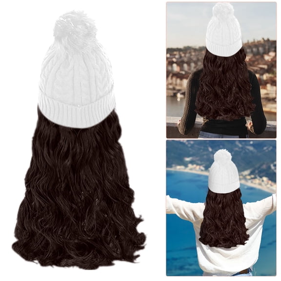 DOPI Beanie Hat Knit With Long Wavy Curly Hair Extensions Wig Dismountable Warm Knitted Attached 20inch Synthetic Hairpiece For Women(2Pack)