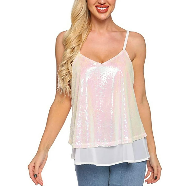 Womens Sequin Glitter Tops Party Strappy Tank Top Sparkle Cami Vest
