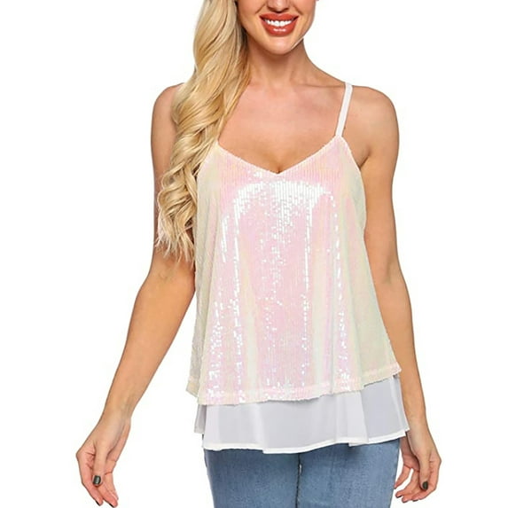Qmyliery Women Sequins Sleeveless Tops with See-through Mesh, Fashion Clothing