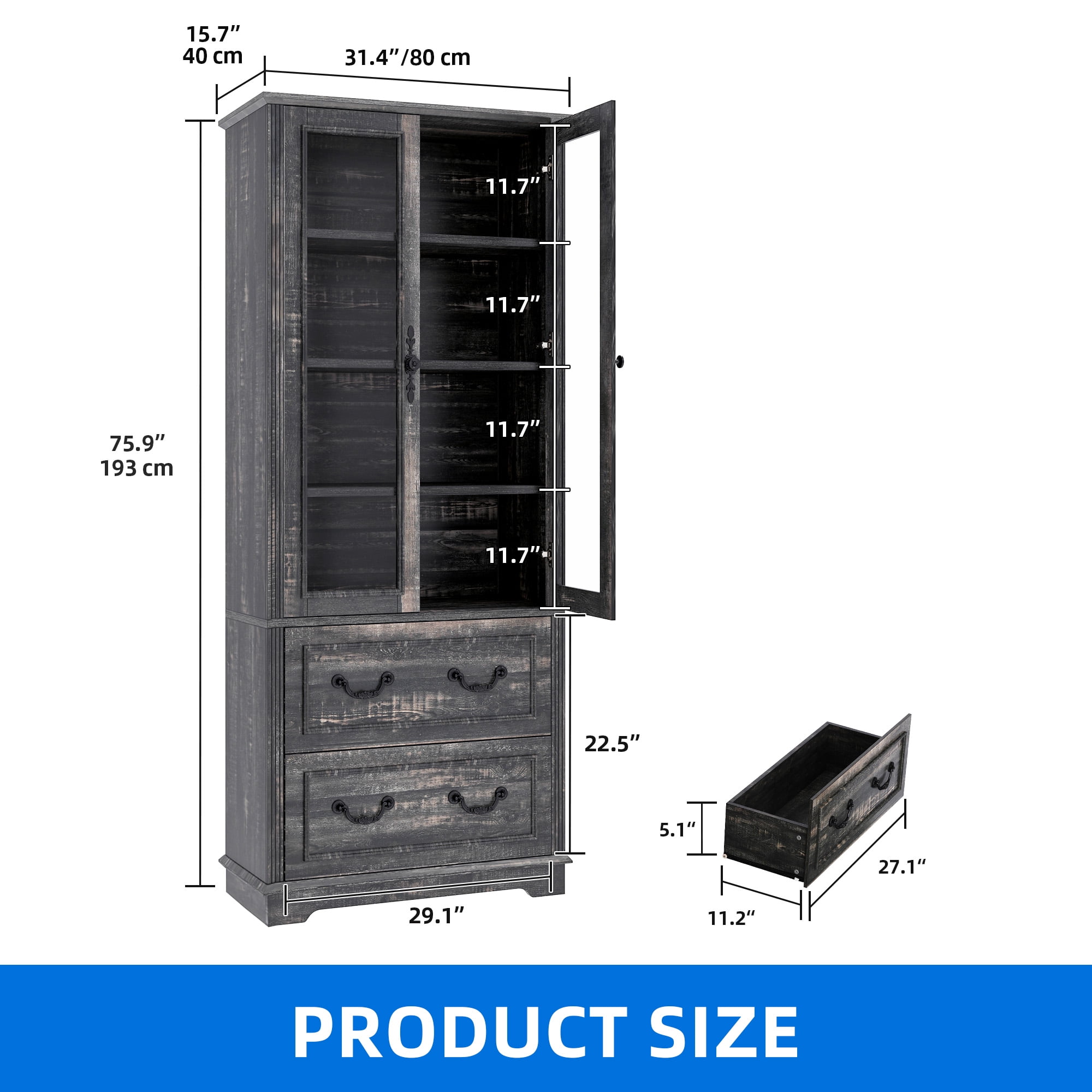 Dextrus 76'' Kitchen Pantry Cabinet with 2 Drawers, Tall Storage Cabinet with Glass Doors & Adjustable Shelves, Dark Rustic Oak