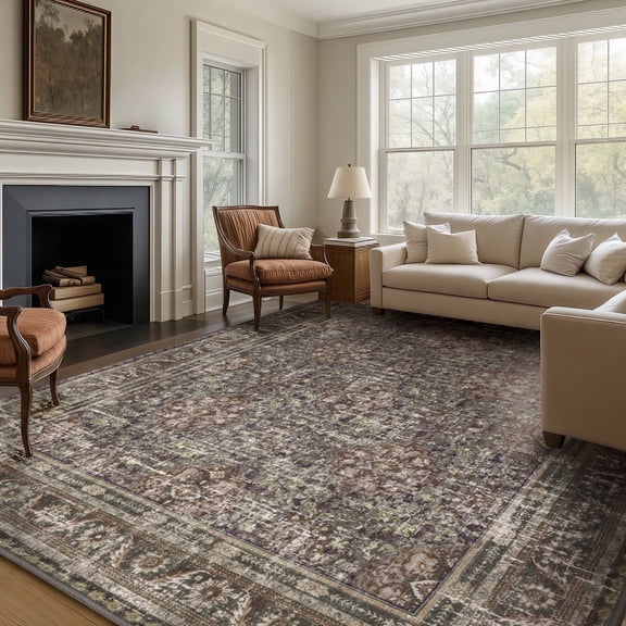 ARJINCUTE Distressed Vintage Low Pile Area Rugs 8'x10', Non-Slips Machine Washable Traditional Farmhouse Floor Carpet, Green