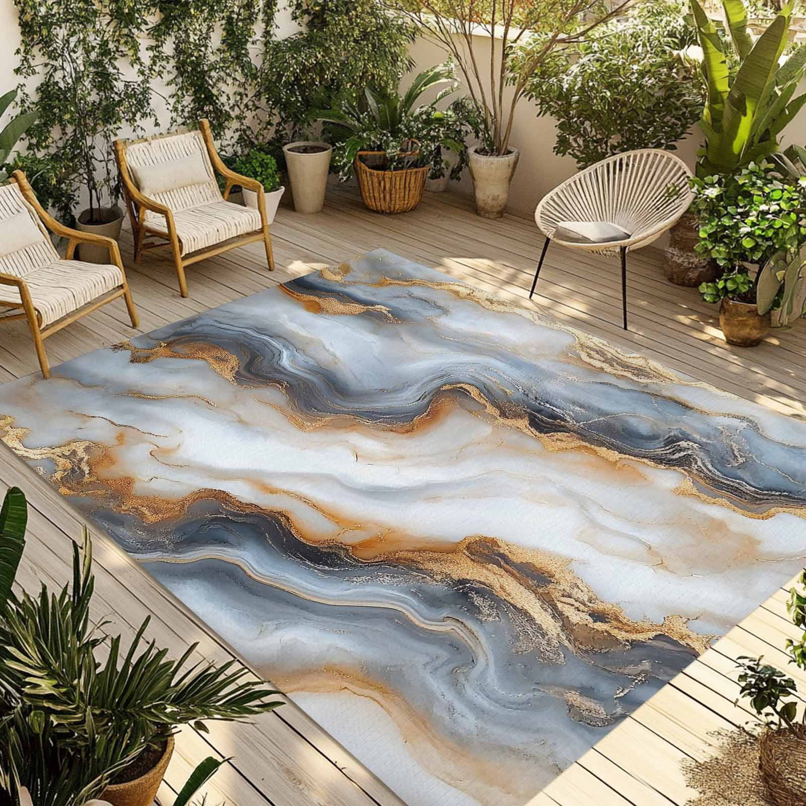 Outdoor Rug 5x8ft Ombre Gray Golden Marble Texture Large Area Rug Abstract Art Indoor Outdoor Carpet Outdoor Rugs Mats for Patio Camping,RV,Front Door, Outside Decor