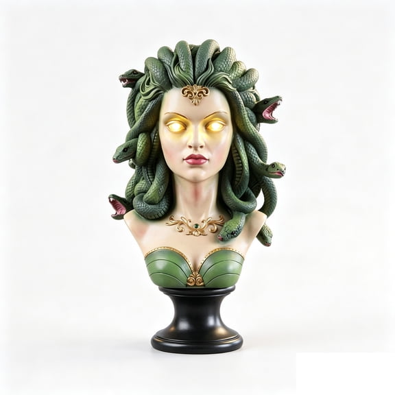 Medusa Bust with LED Figurine 10" - Greek Gorgon Resin Sculpture With LED Glowing Eyes, Halloween Decoration, Creepy Tabletop Decor For Halloween Gothic Table Decor