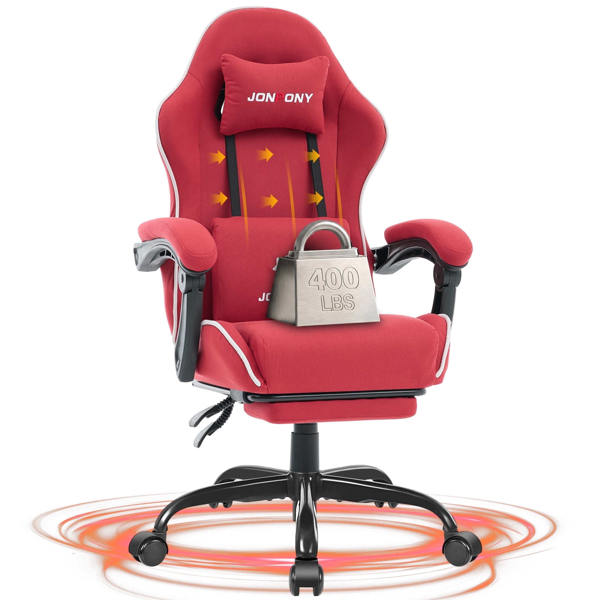 JONPONY Gaming Chair,400LBS Fabric Gamer Chair with footrest for Adults, High Back Ergonomic Computer Game Chair with Adjustable Headrest and Lumbar Support,Red