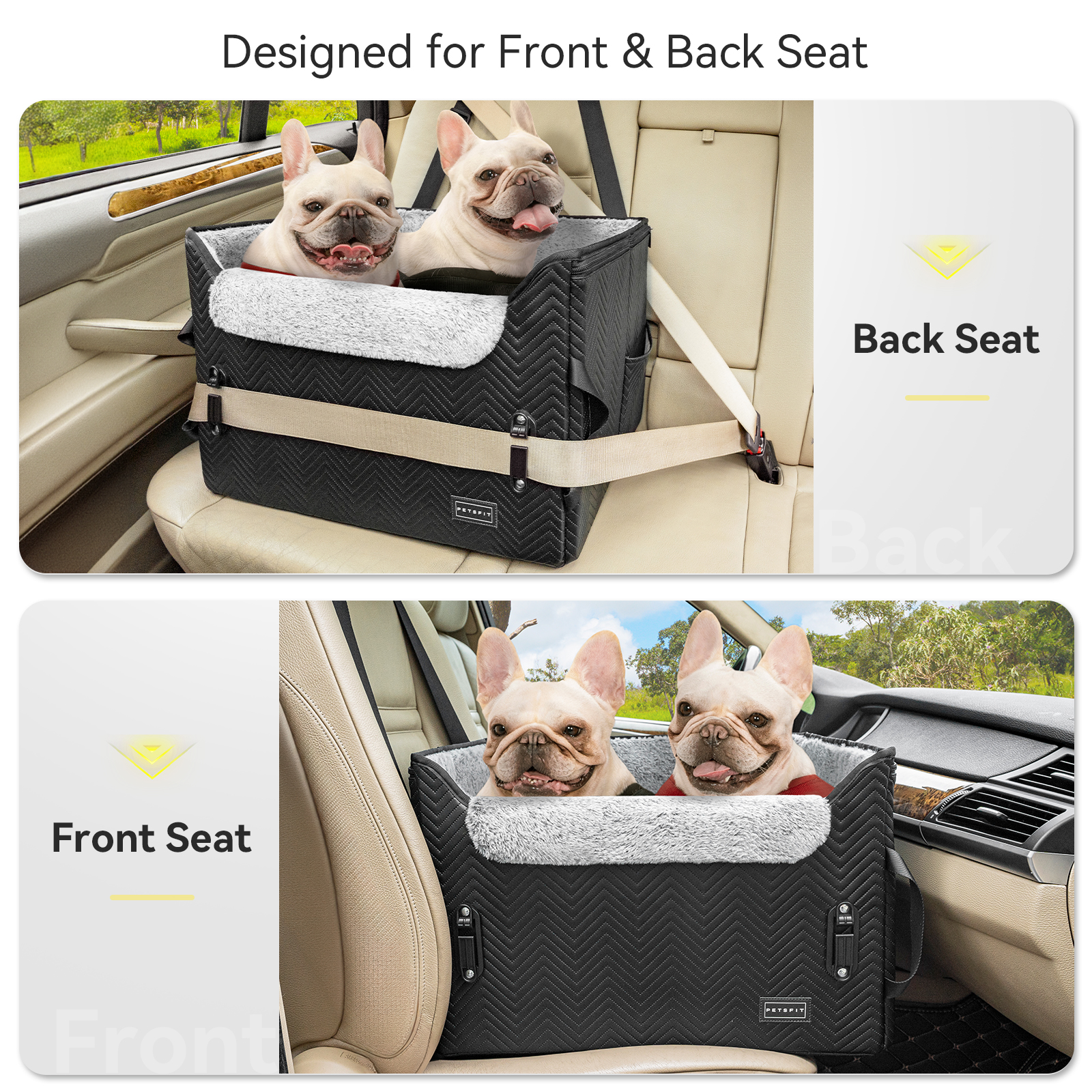 PETSFIT Dog Car Seat Medium Sized Dog, Waterproof PU Leather Dog Seat for Car with Patent Safe Buckles, 2 Clip-On Safety Leashes, Black