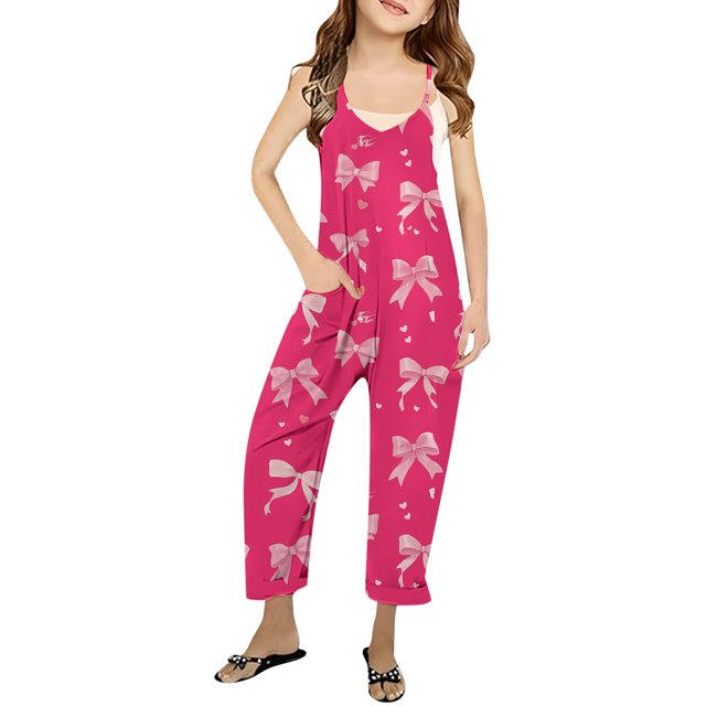 Girls Romper Bow Print Summer Rompers for Girls Sleeveless Overalls with Side Pockets Girls' Fashion 4-5 Y