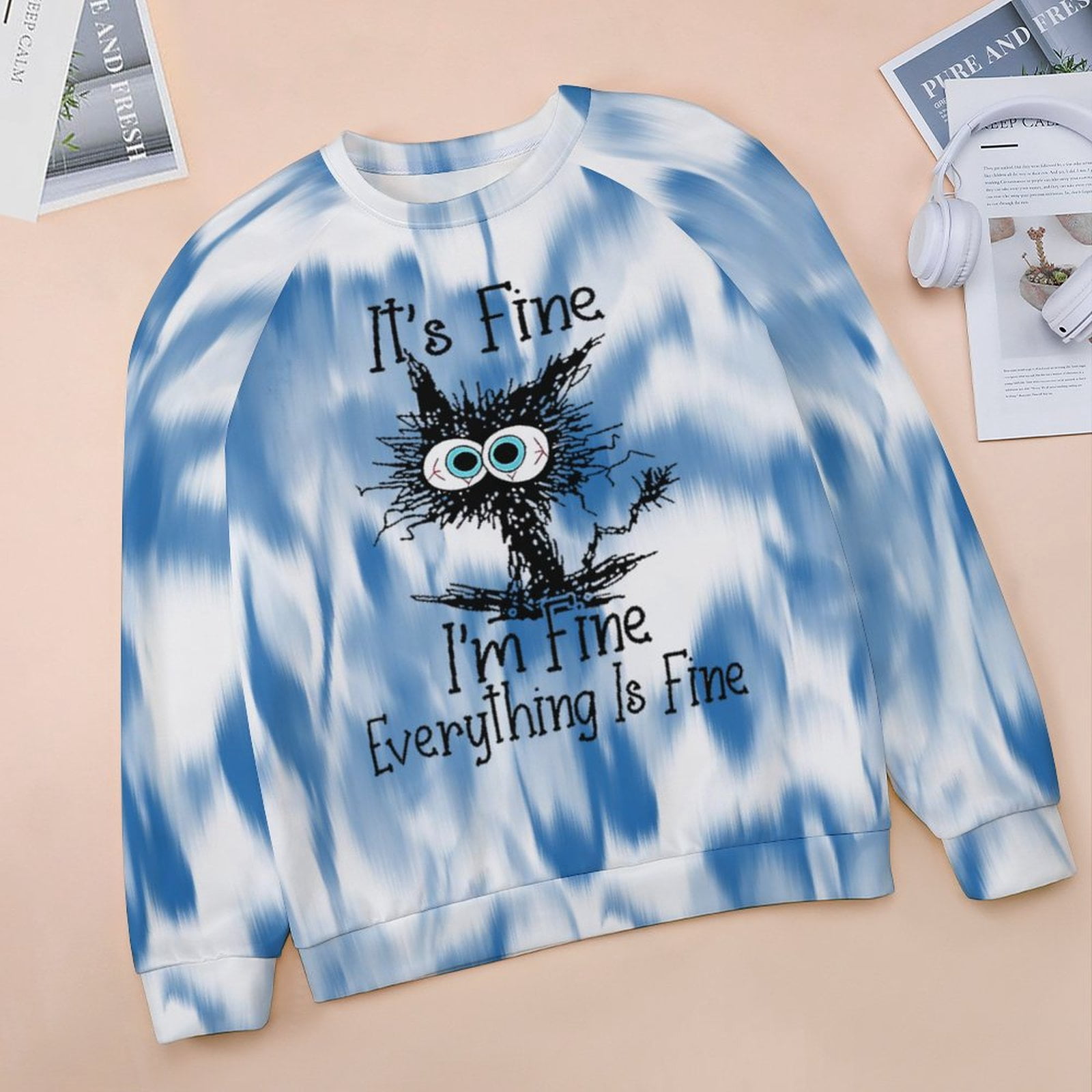 ZOCAVIA Women's Funny Sweatshirts Hoodies Black Cat Tie Dye Marble Plus Size Tops Pullover Tops Blouse Shirt